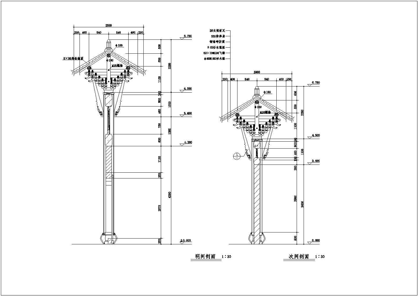 某地4柱三楼混合结构仿古牌楼建筑施工图