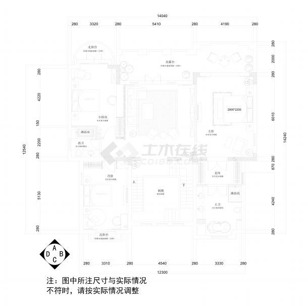 平层家庭装修（三室一厅）平面图-图一