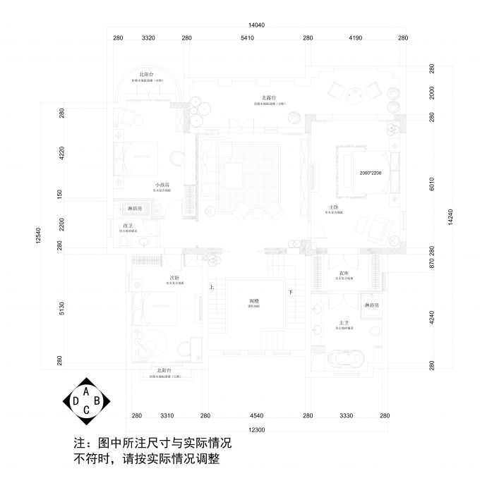 平层家庭装修（三室一厅）平面图_图1