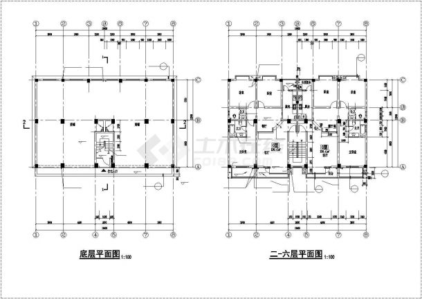 丹巴县某六层框架商住宅CAD设计图纸-图二