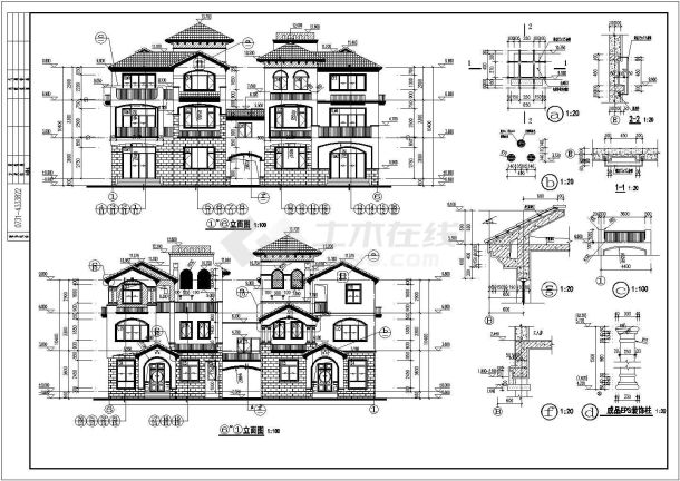 湖南某小区三层连拼别墅建筑设计施工图-图一