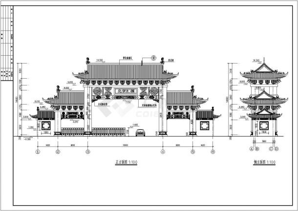 北京某四柱三楼框架结构大门建筑施工图-图一