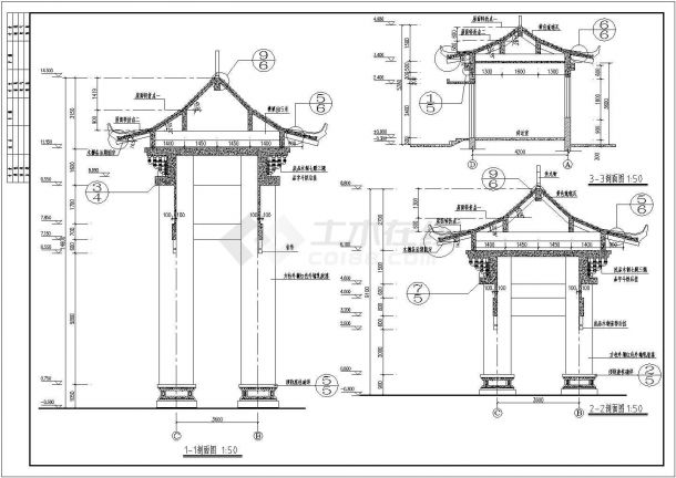 北京某四柱三楼框架结构大门建筑施工图-图二