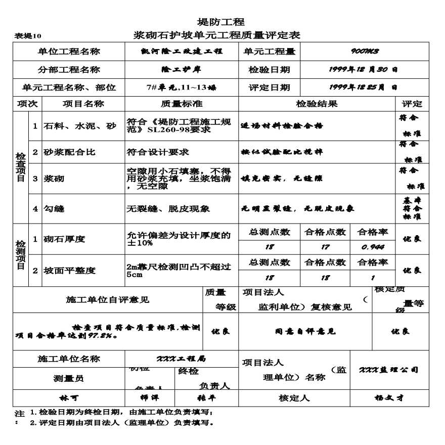 表堤10 浆砌石护坡单元工程质量评定表（例表）.xls-图一