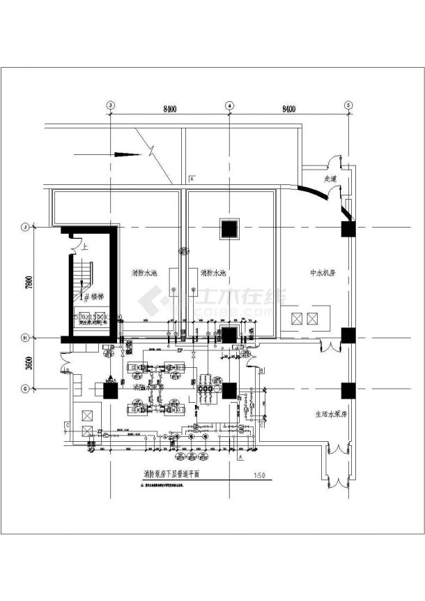 某工程消防水泵房分层平面图剖面图-图二