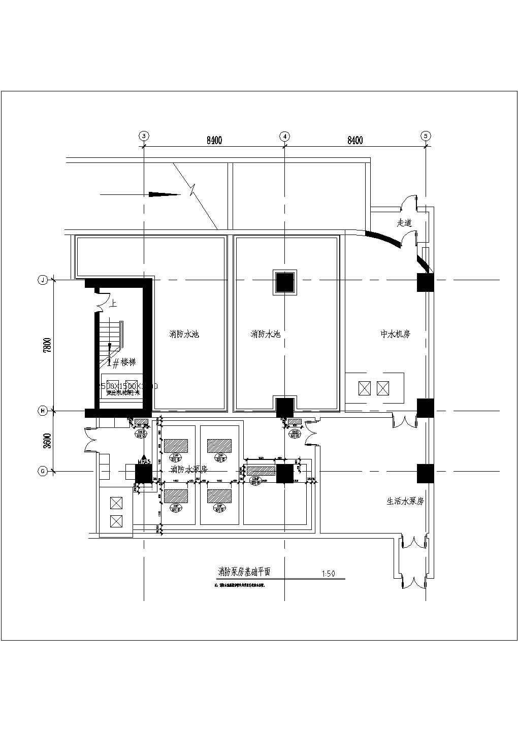 某工程消防水泵房分层平面图剖面图