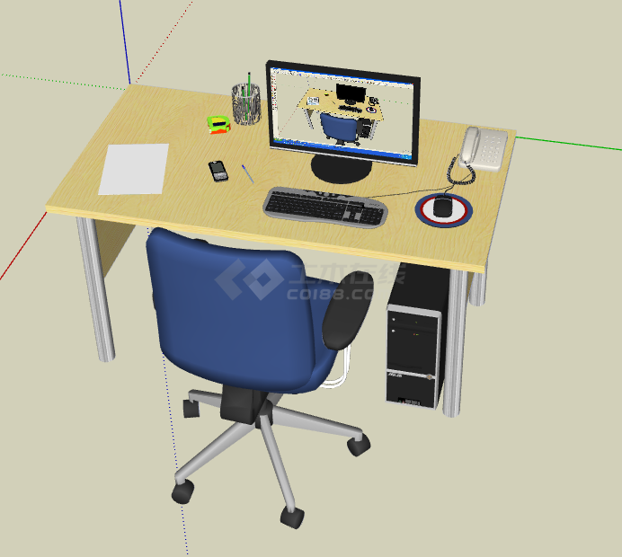 写字楼办公室办公电脑桌椅电话笔筒su模型-图二