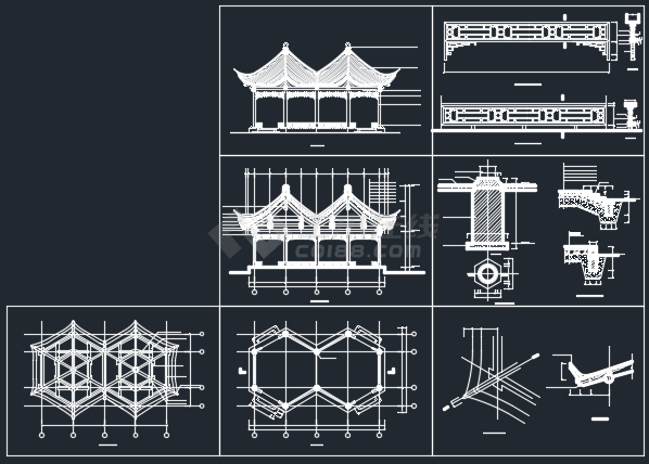 木结构宋式做法六角连亭CAD施工图-图一