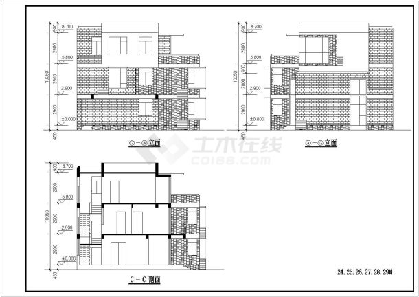 安徽某四套三层连拼别墅建筑设计方案图-图二