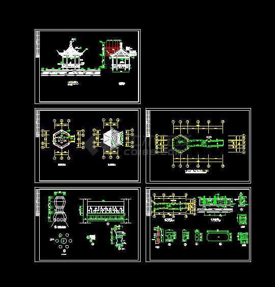 某地小型六角亭及连亭曲桥建筑设计图（共5张）-图一