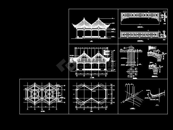 某地小型宋法木结构六角连亭建筑施工图（共7张）-图一