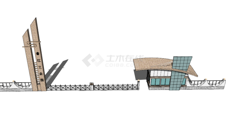 畲江工业园现代大门入口su模型-图一