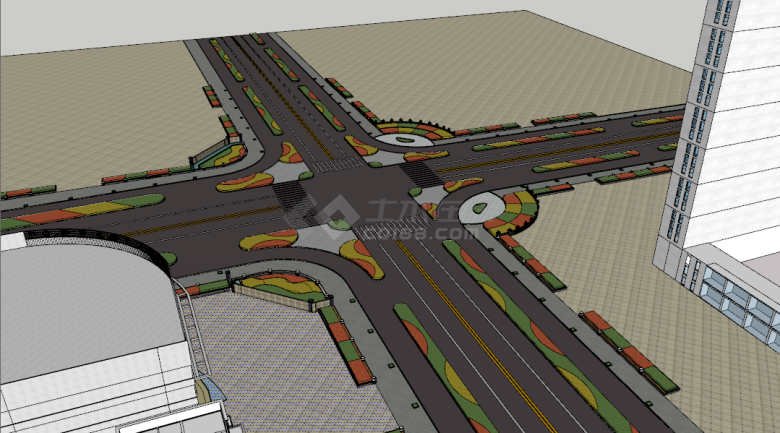 种类丰富的交通十字路口绿化景观su模型-图二