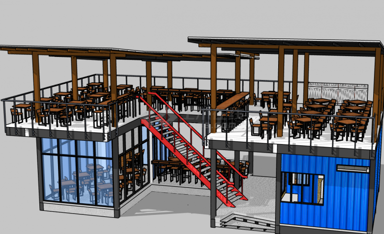 中型上下式集装箱改造民宿餐厅su模型-图二