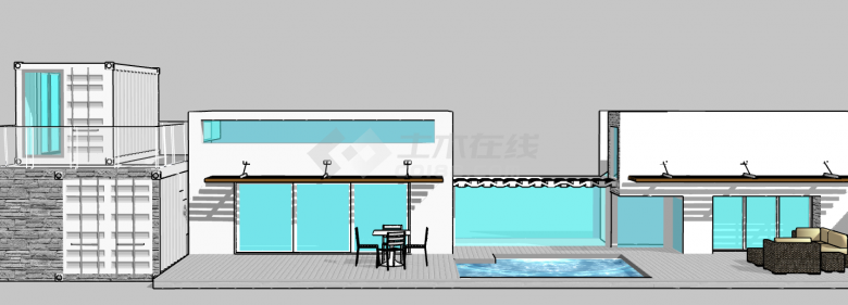 中型蓝白色现代化集装箱改造民宿餐厅su模型-图二