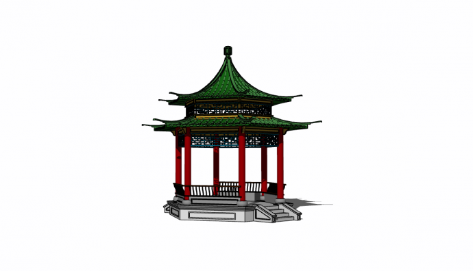 中国风绿顶红柱围栏式亭子su模型_图1