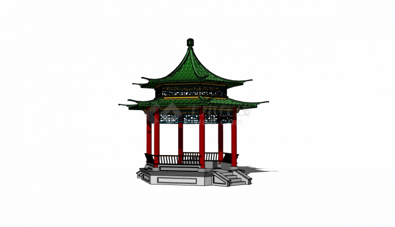 中国风绿顶红柱围栏式亭子su模型-图一