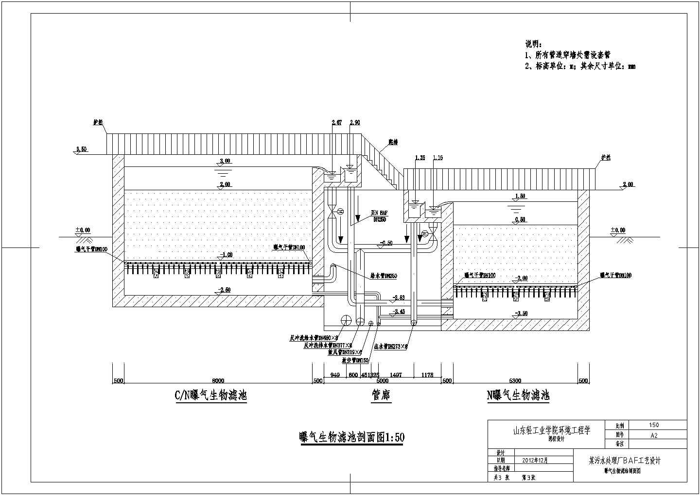 某地污水处理厂曝气生物滤池管道平面图剖面图