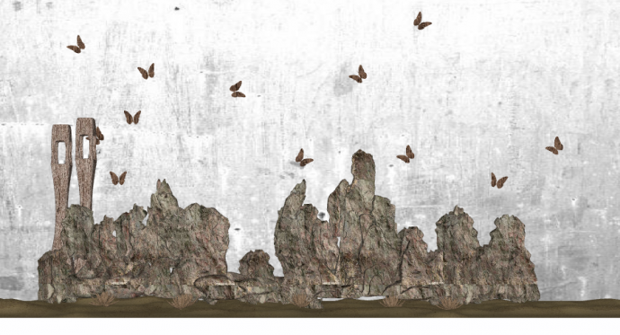 褐色蝴蝶背景的假山置石 su模型_图1