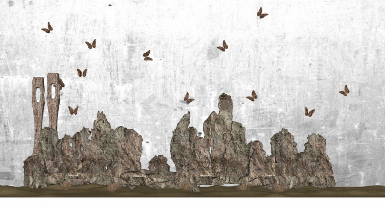 褐色蝴蝶背景的假山置石 su模型-图一