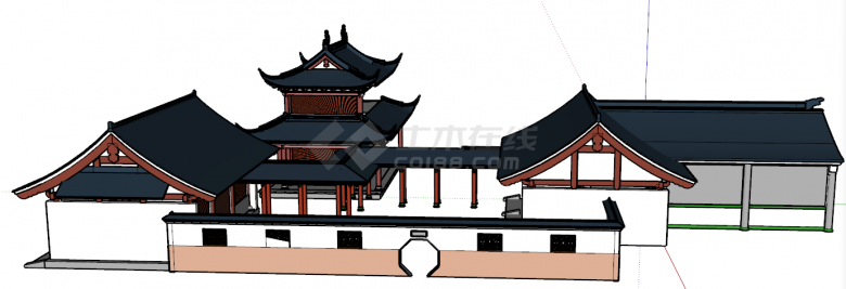 中式带庭院水榭游廊su模型-图一