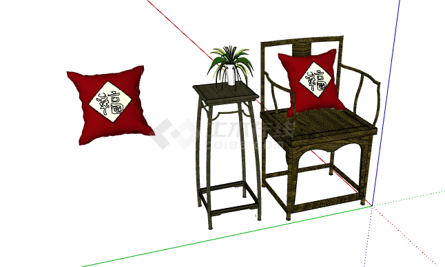 红色抱枕椅子中式家具su模型-图二
