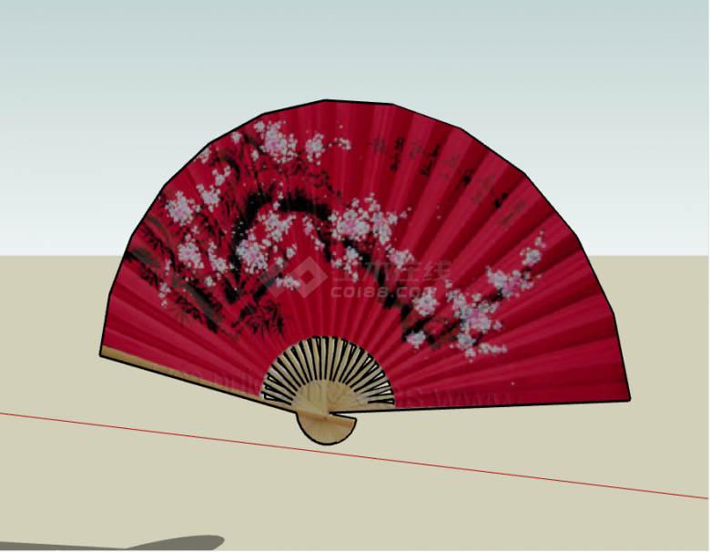 中式红色折扇带团装饰su模型-图二