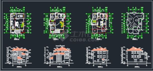 三层别墅扩出图带结构模型设计CAD详图-图一