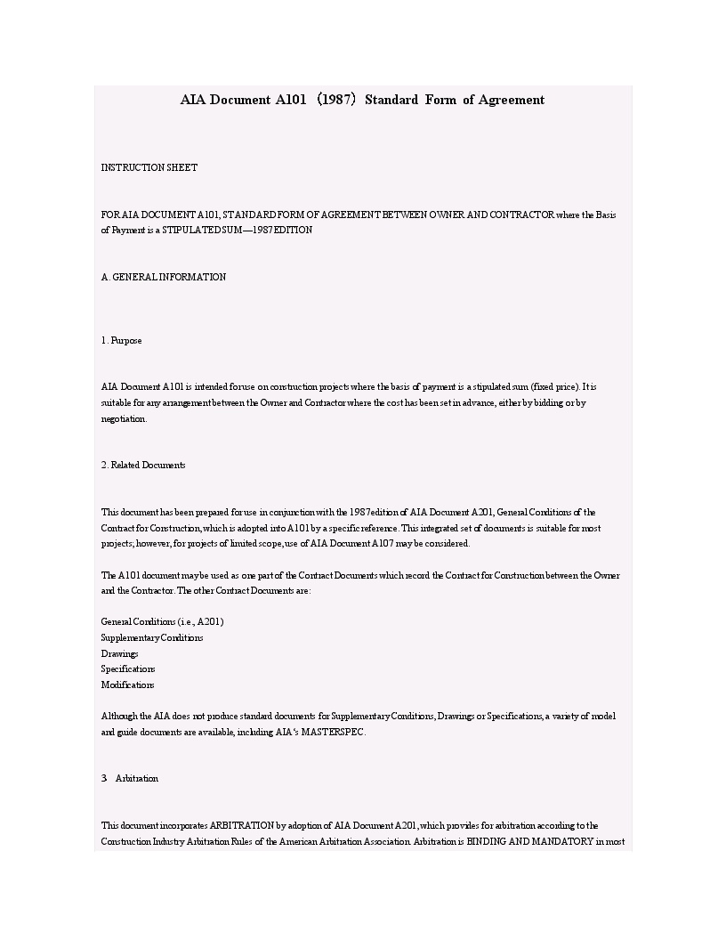 AIA Document A101（1987）Standard Form of Agreement