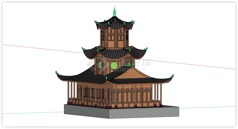 木结构塔形顶多层建筑su模型-图二