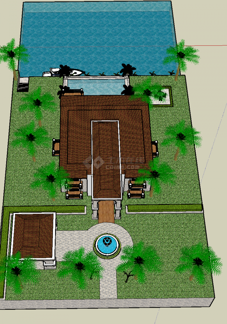 带泳池和喷泉花园的海边双层别墅su模型-图二