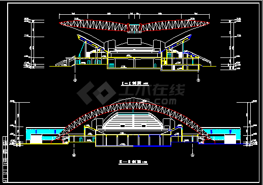 某大学体育馆建筑设计施工CAD平立面方案图-图二