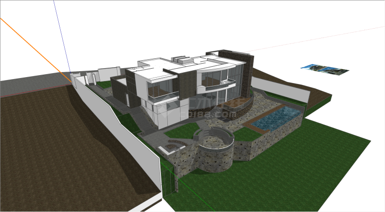 现代双层带泳池庭院别墅su模型-图二