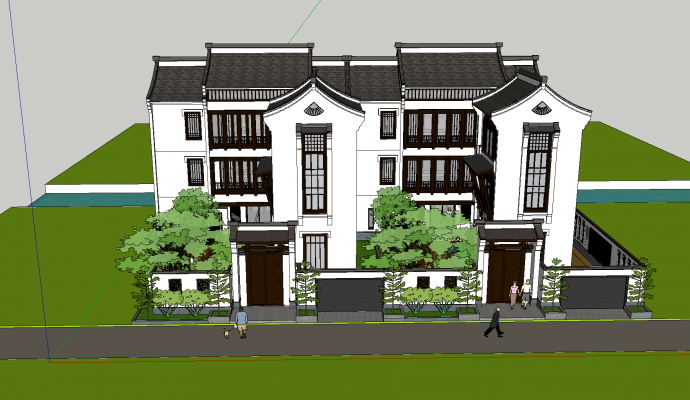 带花园和茶亭的双户三层新中式别墅su模型_图1