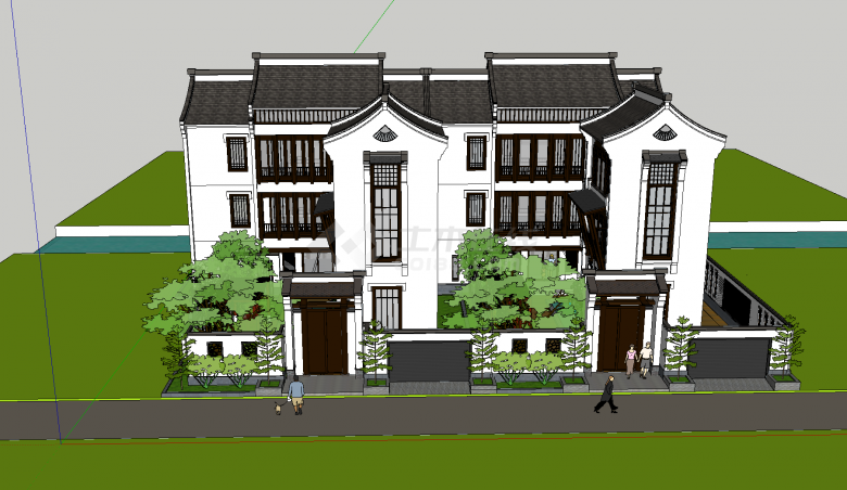 带花园和茶亭的双户三层新中式别墅su模型-图一