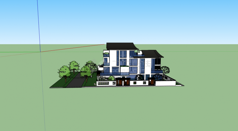 新中式简约黑白色高层别墅su模型-图二