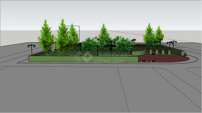 现代带树带路灯游园迷宫su模型-图一