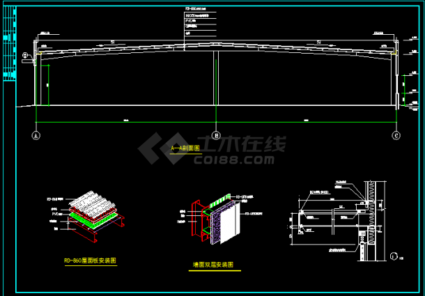 36M双跨门式钢架厂房全套建筑结构CAD图纸-图二