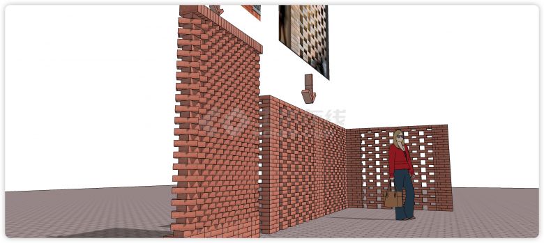 交错叠砌红砖矮墙建筑su模型-图二