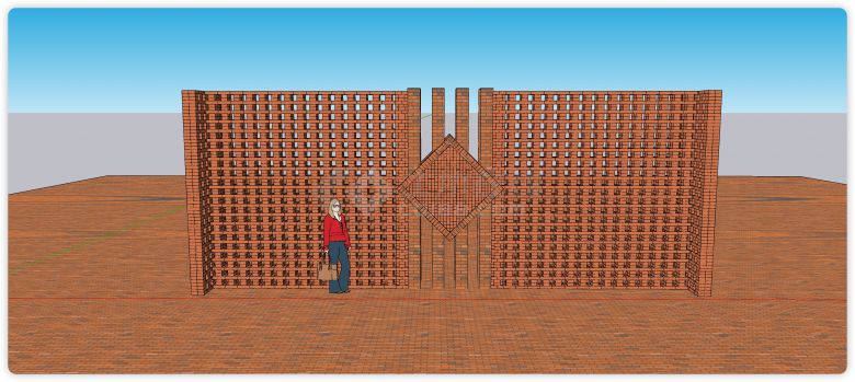 菱形图案红砖矮墙建筑su模型-图二