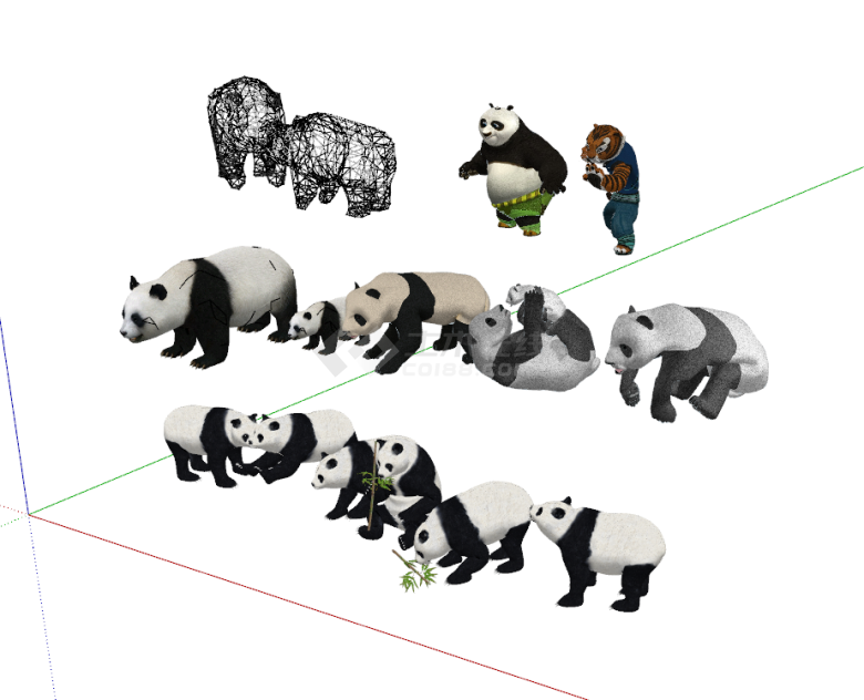 卡通熊猫和熊猫的组合su模型-图二