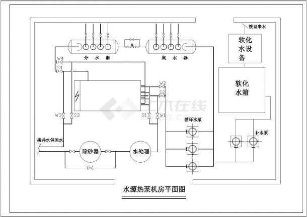 某工程水源热泵系统机房流程图、平面图-图二