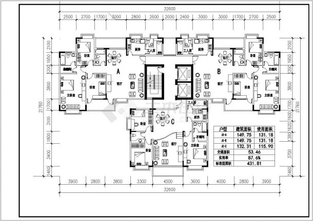 某地高层住宅建筑三室一厅户型设计方案图纸-图一