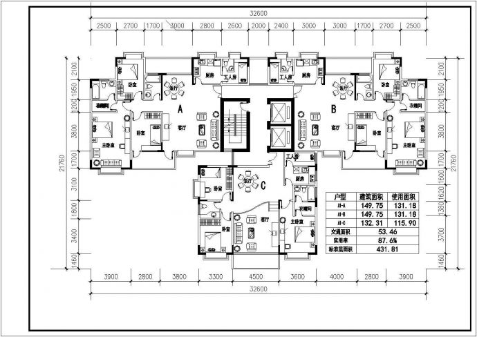 某地高层住宅建筑三室一厅户型设计方案图纸_图1