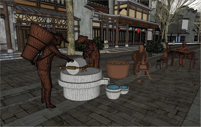 古代铜人商业街铜人su模型_图1