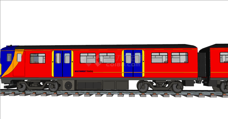 蓝红白双门多节火车厢su模型-图二