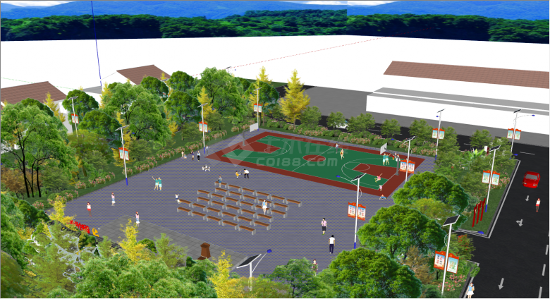 绿树环绕的带篮球场的红色文化广场su模型-图二