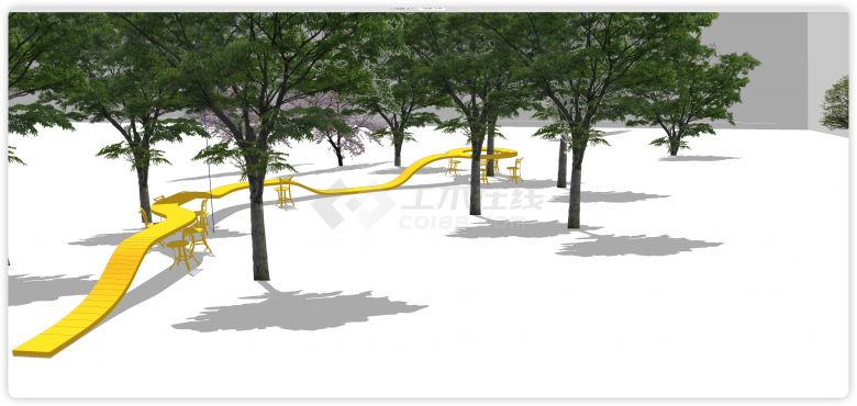 树林中黄色流水型现代公园异形座椅su模型-图二