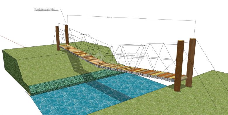 木桩圆木大跨度吊桥su模型-图二