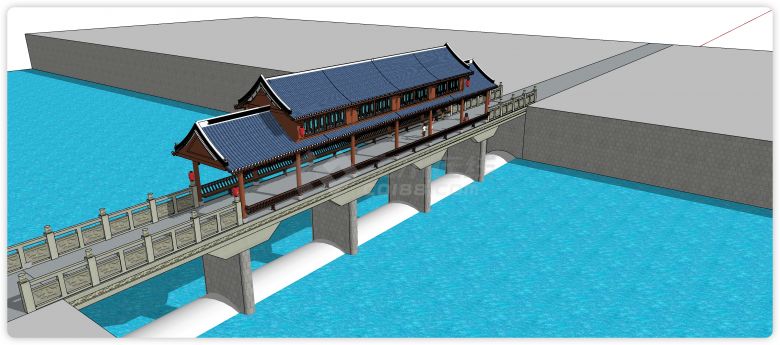 中式蓝色瓦顶廊桥su模型-图二